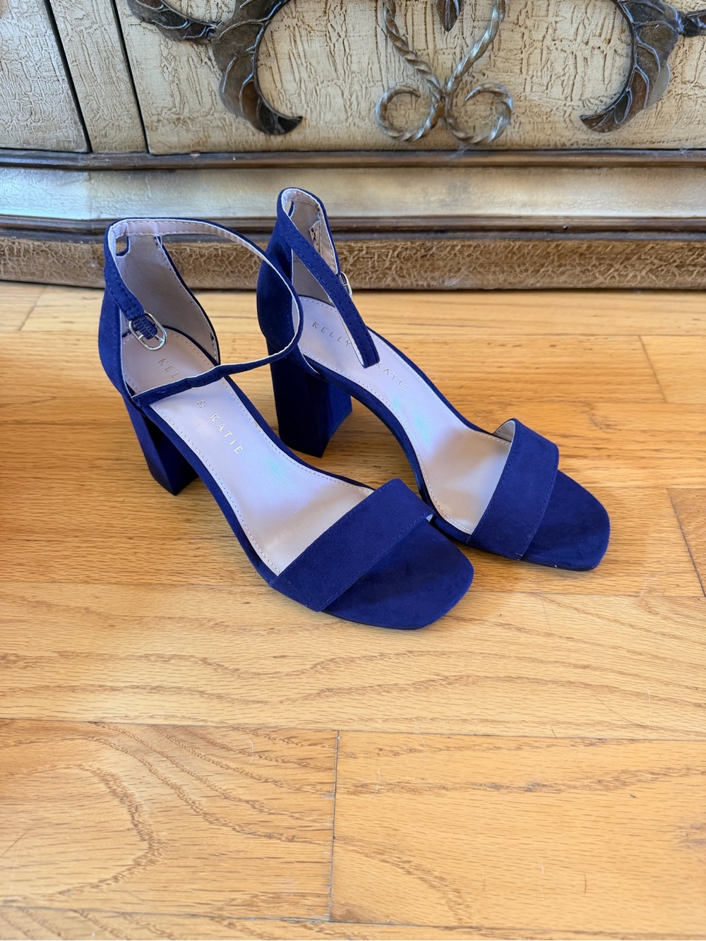 Kelly & Katie Navy Blue Block Heel Sandals with Ankle Strap